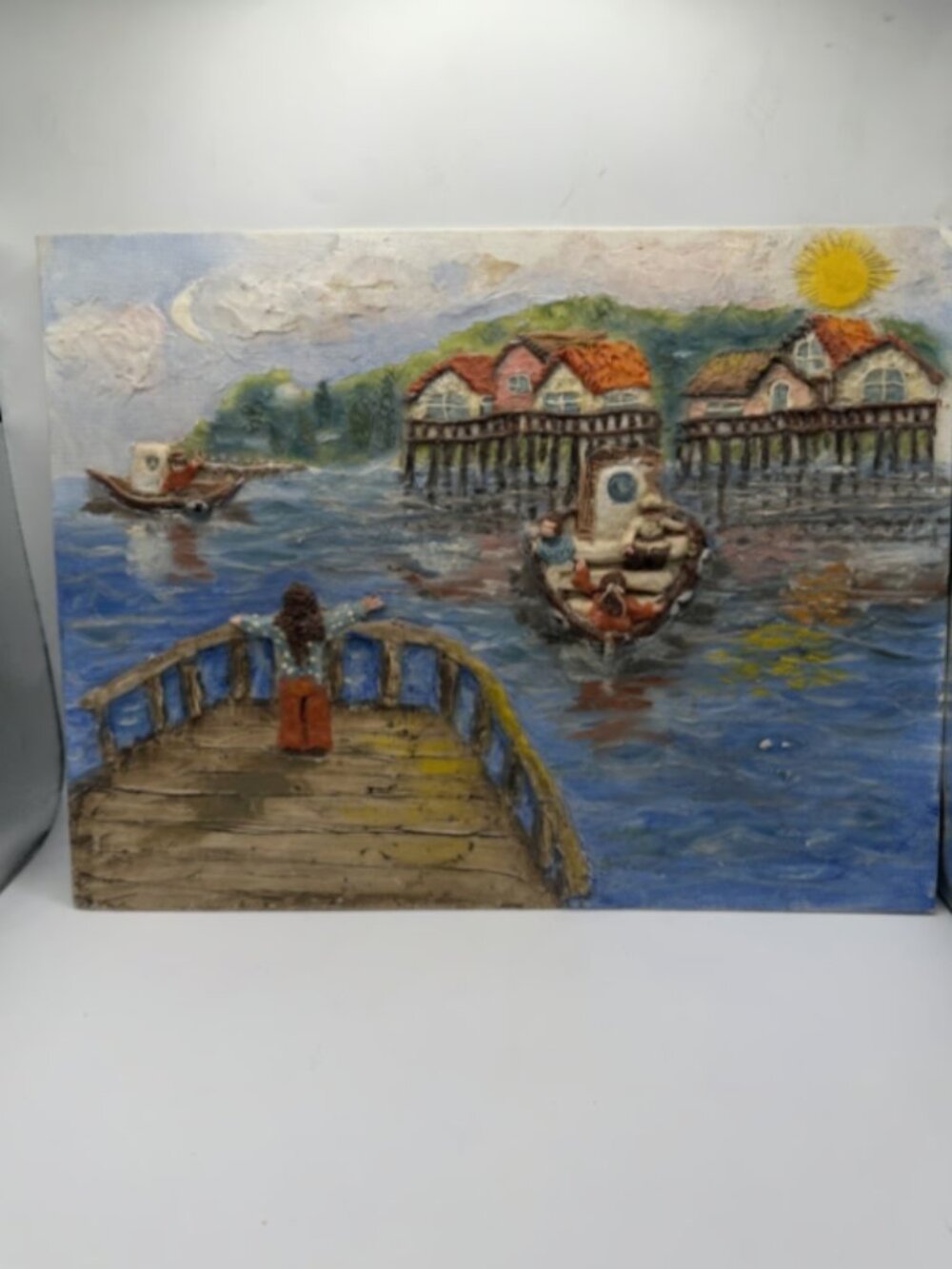 2003 Chile Folk Art Mixed Media Clay Painting Fishing Village Boats 27x35cm